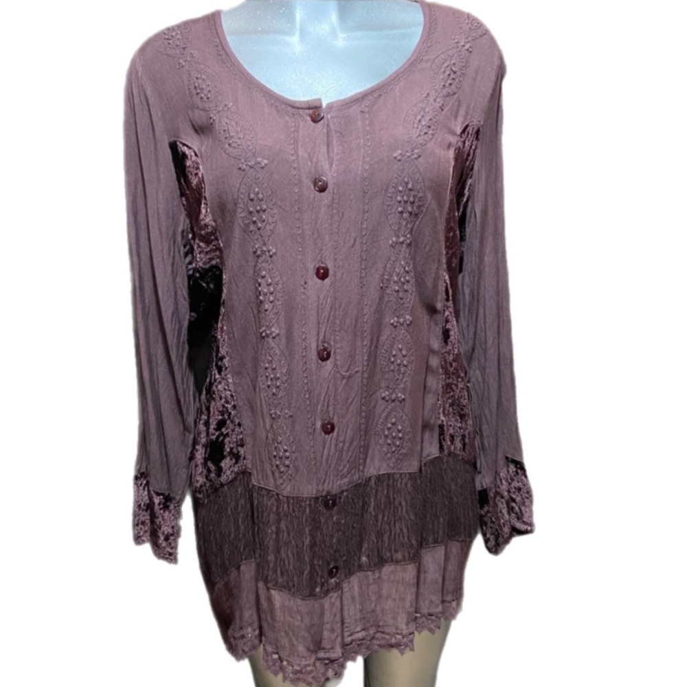 Soft Surroundings Velvet Tunic Top Mauve Button Down Shabby-Chic Size 1X Celtic